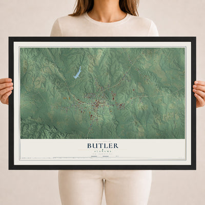 Map of Butler, Alabama, 18 x 24 inch print in a black wood frame