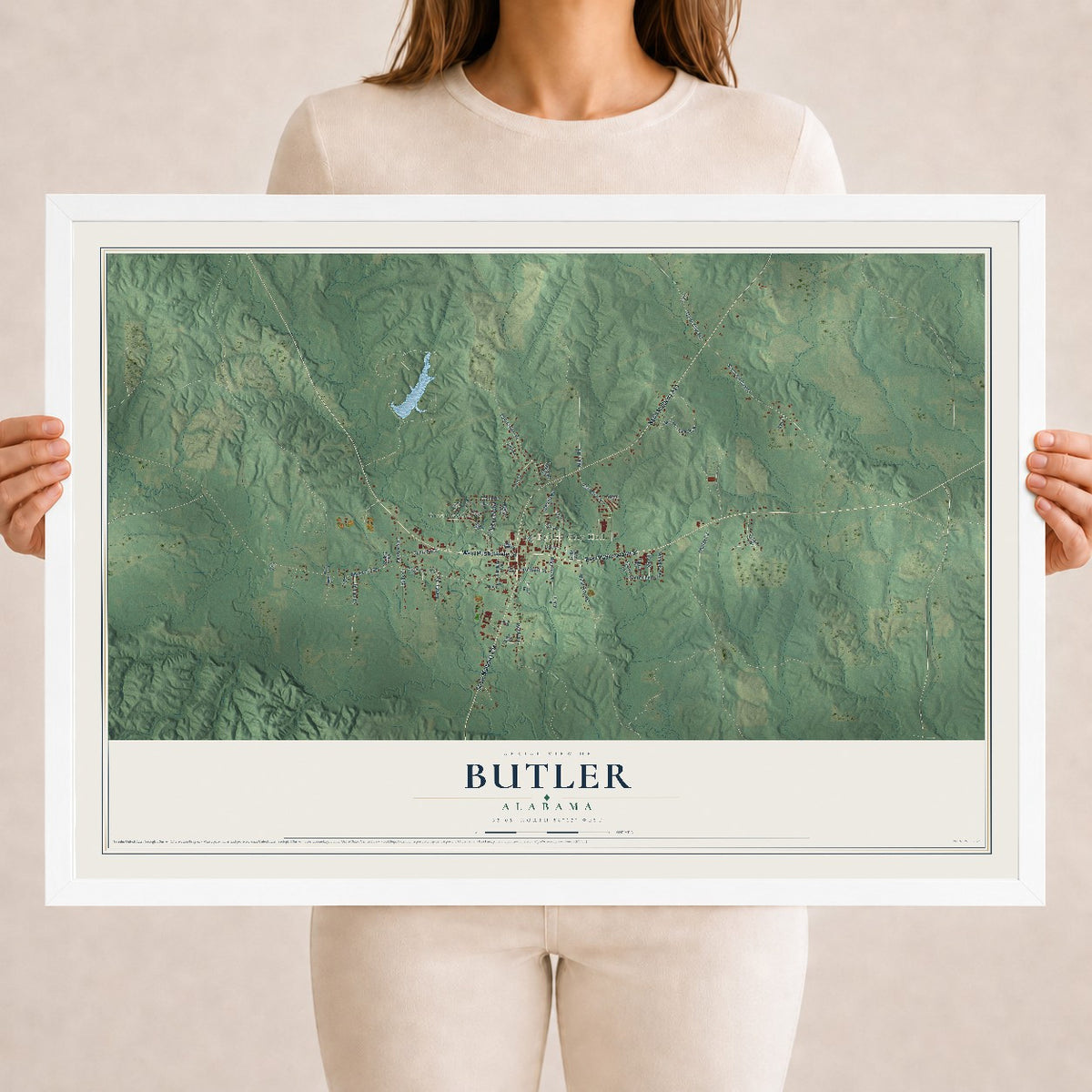 Map of Butler, Alabama, 18 x 24 inch print in a white wood frame