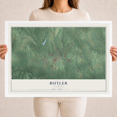 Map of Butler, Alabama, 18 x 24 inch print in a white wood frame