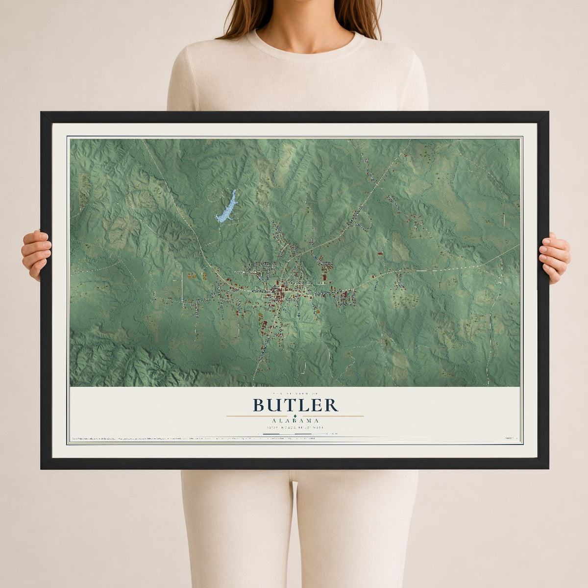 Map of Butler, Alabama, 24 x 36 inch print in a black wood frame