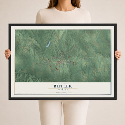 Map of Butler, Alabama, 24 x 36 inch print in a black wood frame