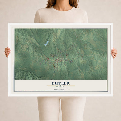 Map of Butler, Alabama, 24 x 36 inch print in a white wood frame