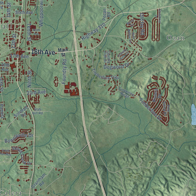 Second close-up of the map of Calera, Alabama print showing more streets and buildings