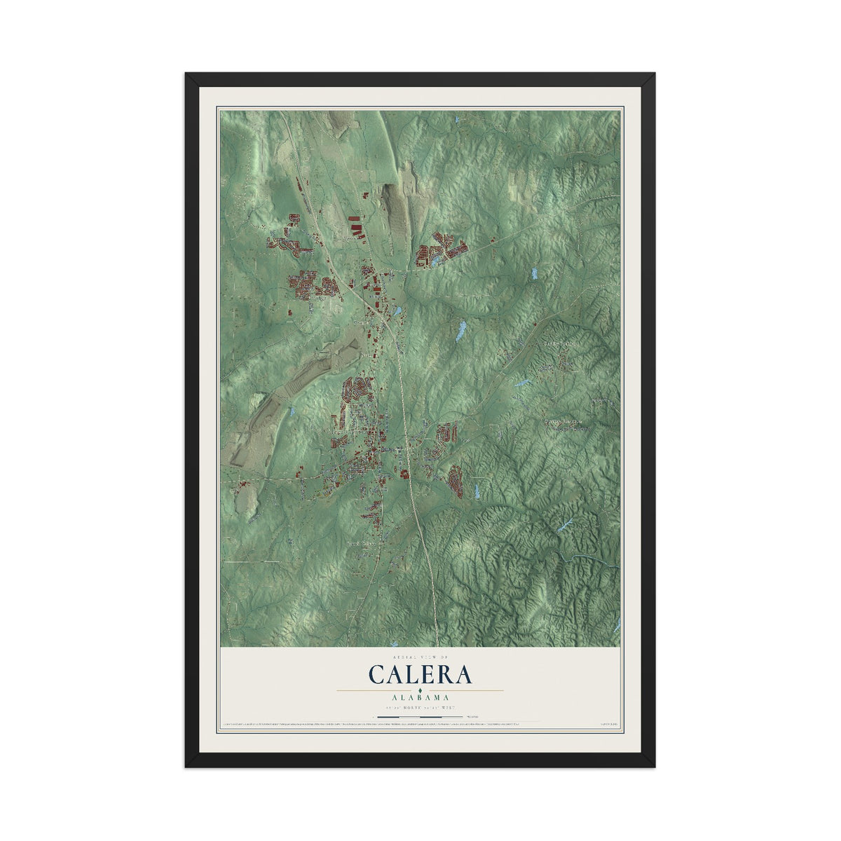 Map of Calera, Alabama, 12 x 18 inch print in a black wood frame