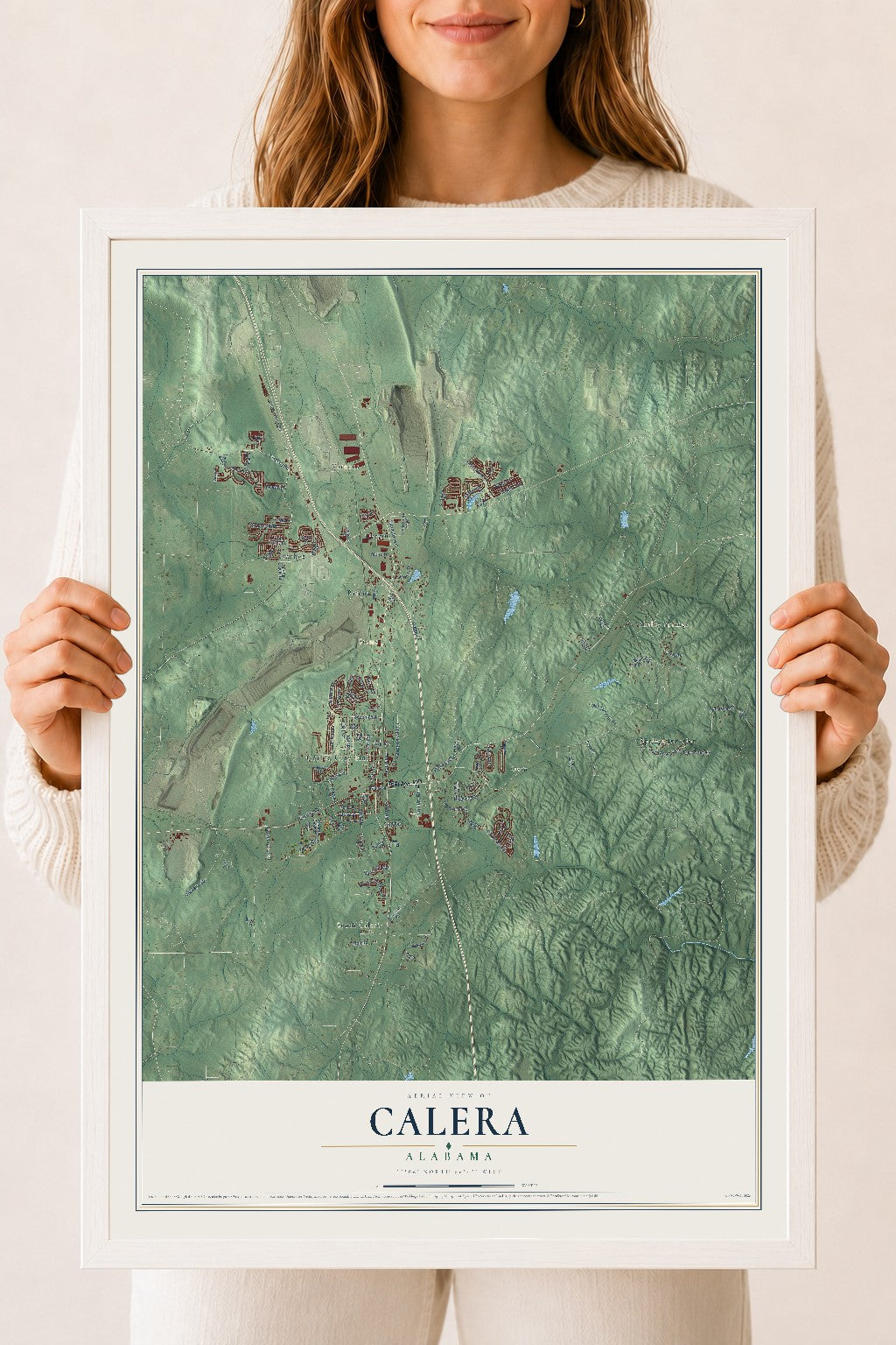 Map of Calera, Alabama, 18 x 24 inch print in a white wood frame