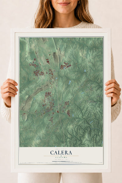 Map of Calera, Alabama, 18 x 24 inch print in a white wood frame