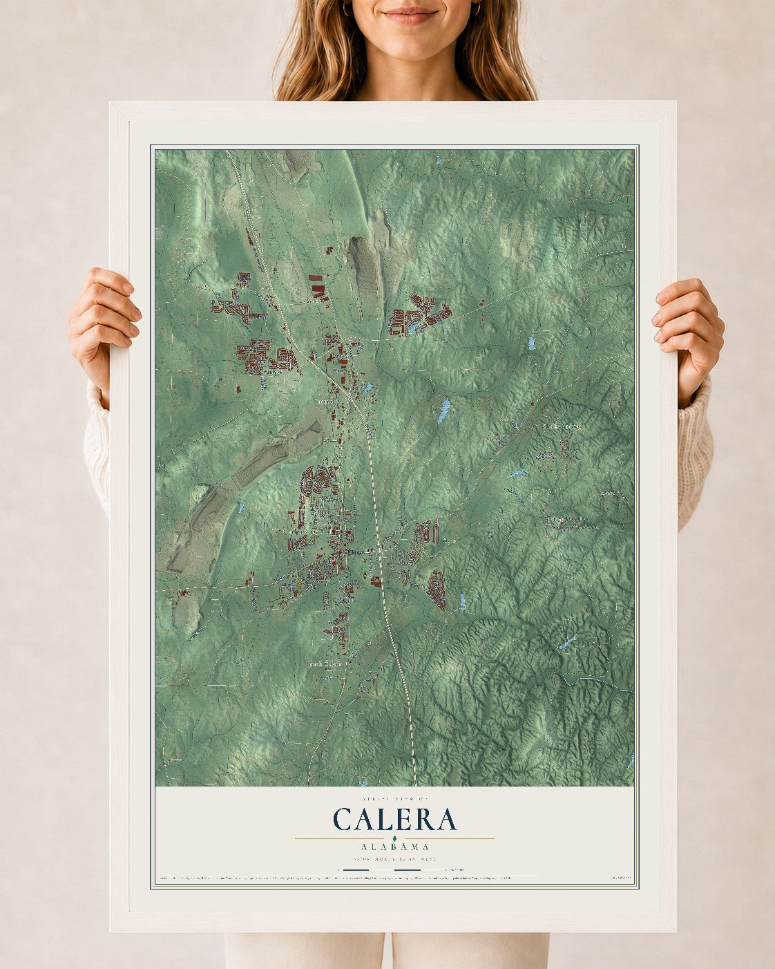 Map of Calera, Alabama, 24 x 36 inch print in a white wood frame