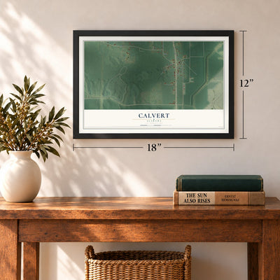 Calvert, Alabama map, 12 x 18 inch print in a black frame in an entryway