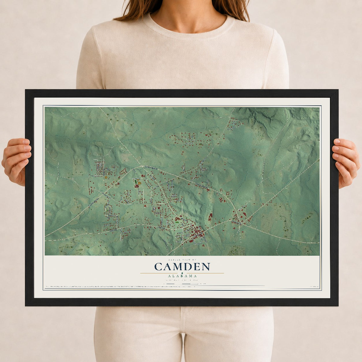 Map of Camden, Alabama, 12 x 18 inch print in a black wood frame