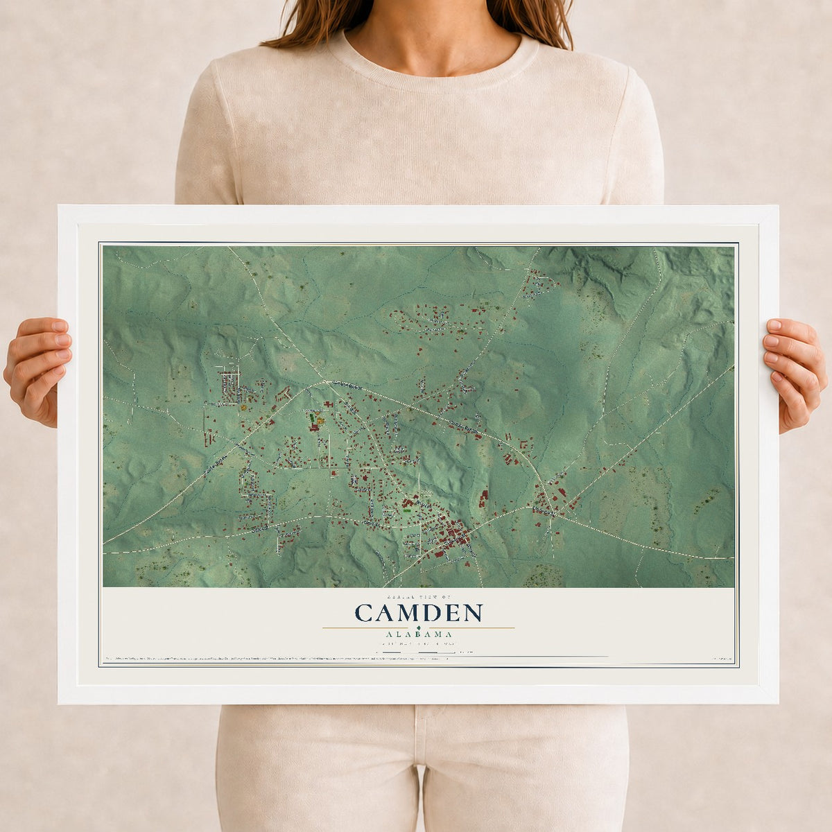 Map of Camden, Alabama, 12 x 18 inch print in a white wood frame