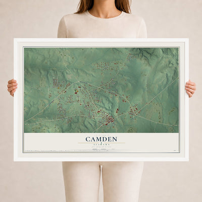 Map of Camden, Alabama, 24 x 36 inch print in a white wood frame