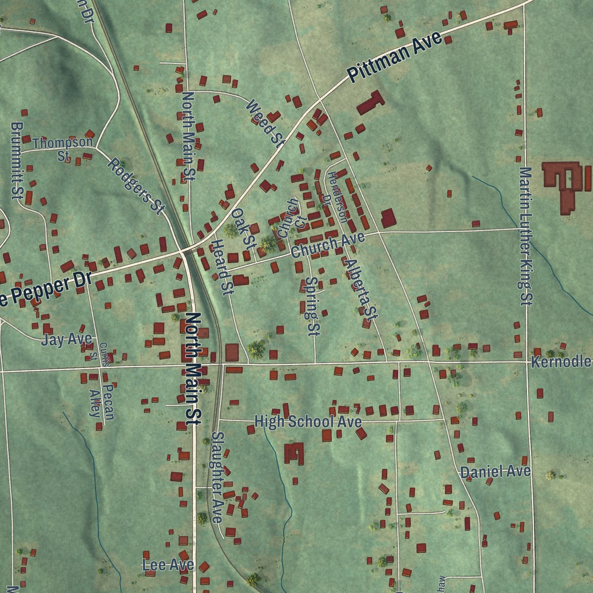 Close-up of the map of Camp Hill, Alabama print showing street and building detail