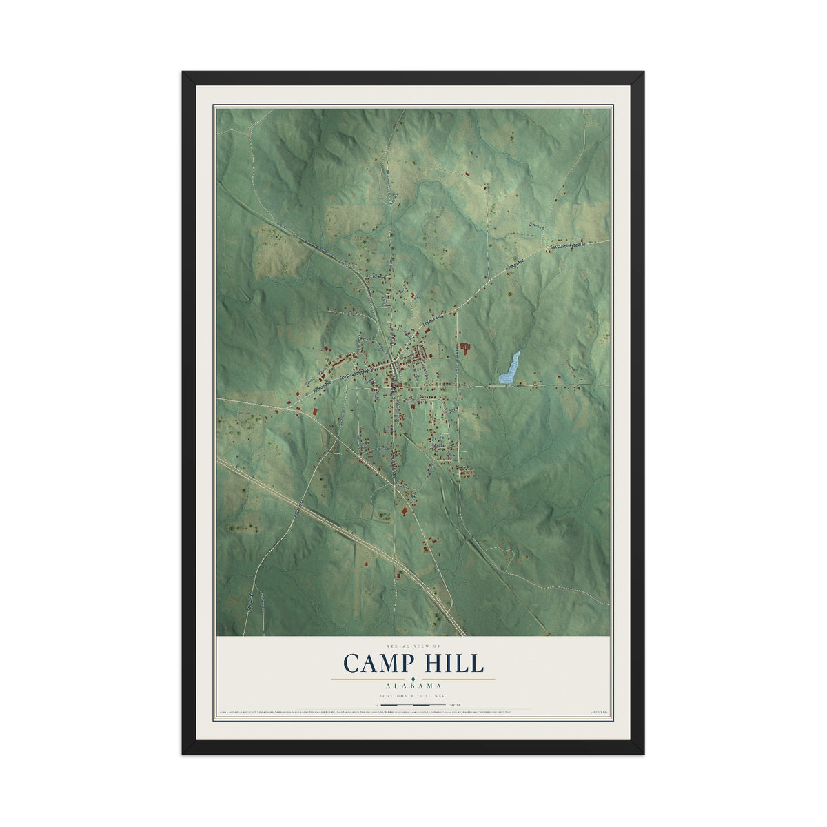 Map of Camp Hill, Alabama, 12 x 18 inch print in a black wood frame