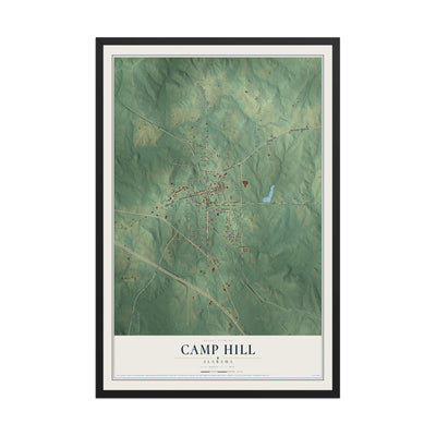 Map of Camp Hill, Alabama, 12 x 18 inch print in a black wood frame