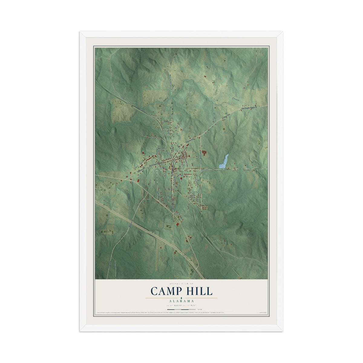Map of Camp Hill, Alabama, 12 x 18 inch print in a white wood frame