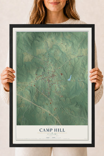 Map of Camp Hill, Alabama, 18 x 24 inch print in a black wood frame