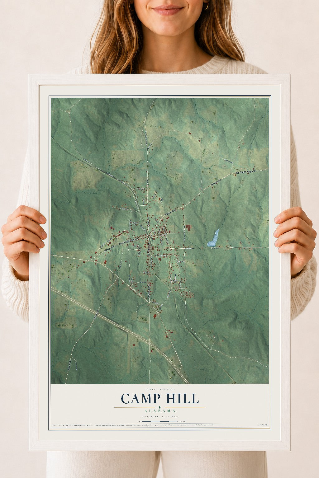 Map of Camp Hill, Alabama, 18 x 24 inch print in a white wood frame