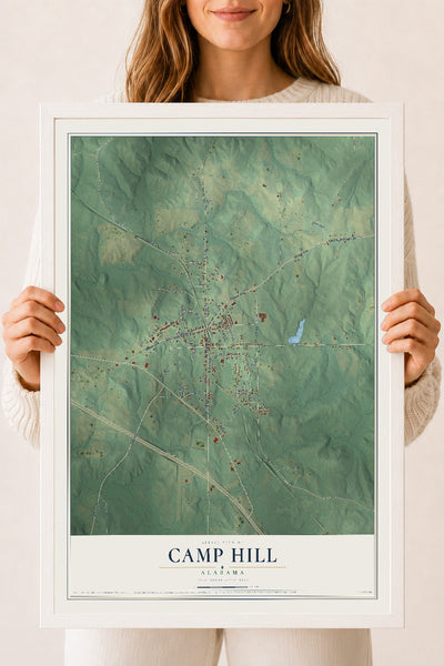 Map of Camp Hill, Alabama, 18 x 24 inch print in a white wood frame