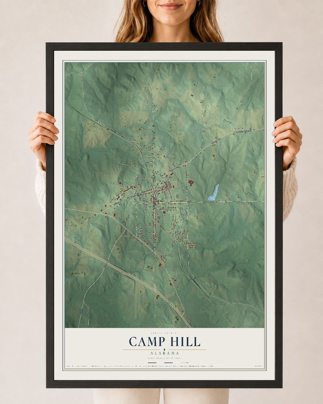 Map of Camp Hill, Alabama, 24 x 36 inch print in a black wood frame