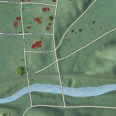 Close-up of the map of Cardiff, Alabama print showing street and building detail