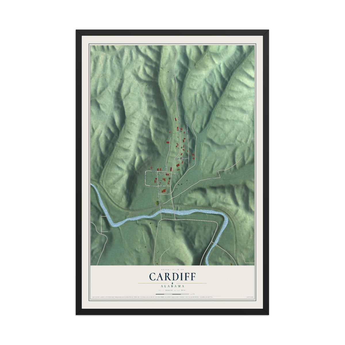 Map of Cardiff, Alabama, 12 x 18 inch print in a black wood frame