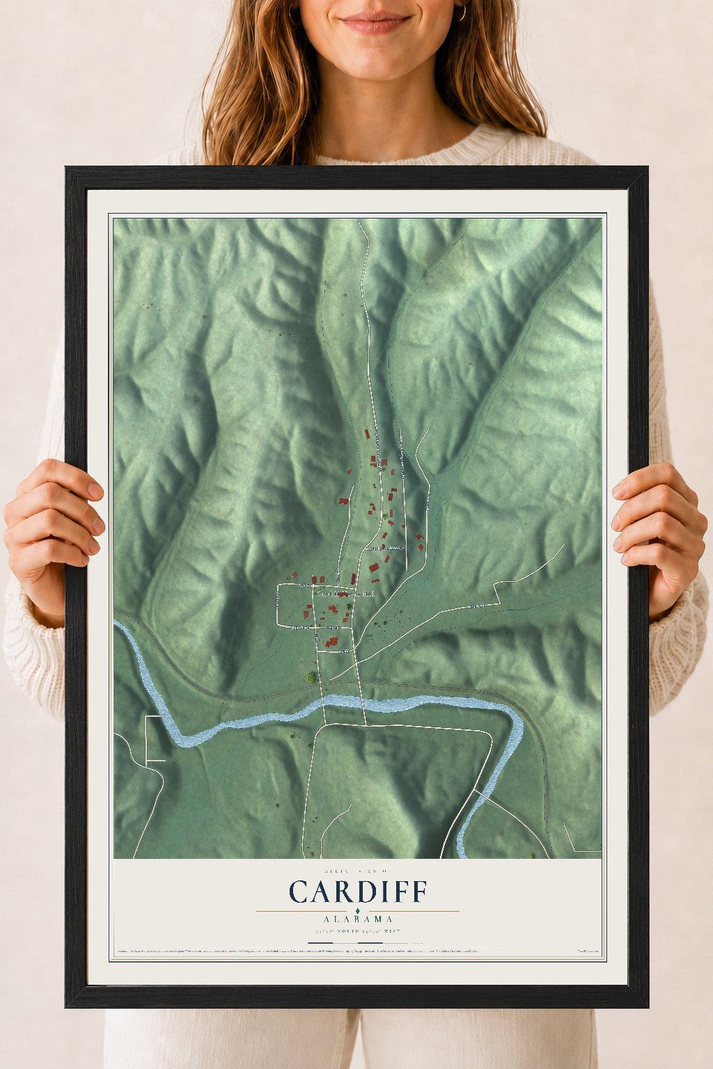 Map of Cardiff, Alabama, 18 x 24 inch print in a black wood frame