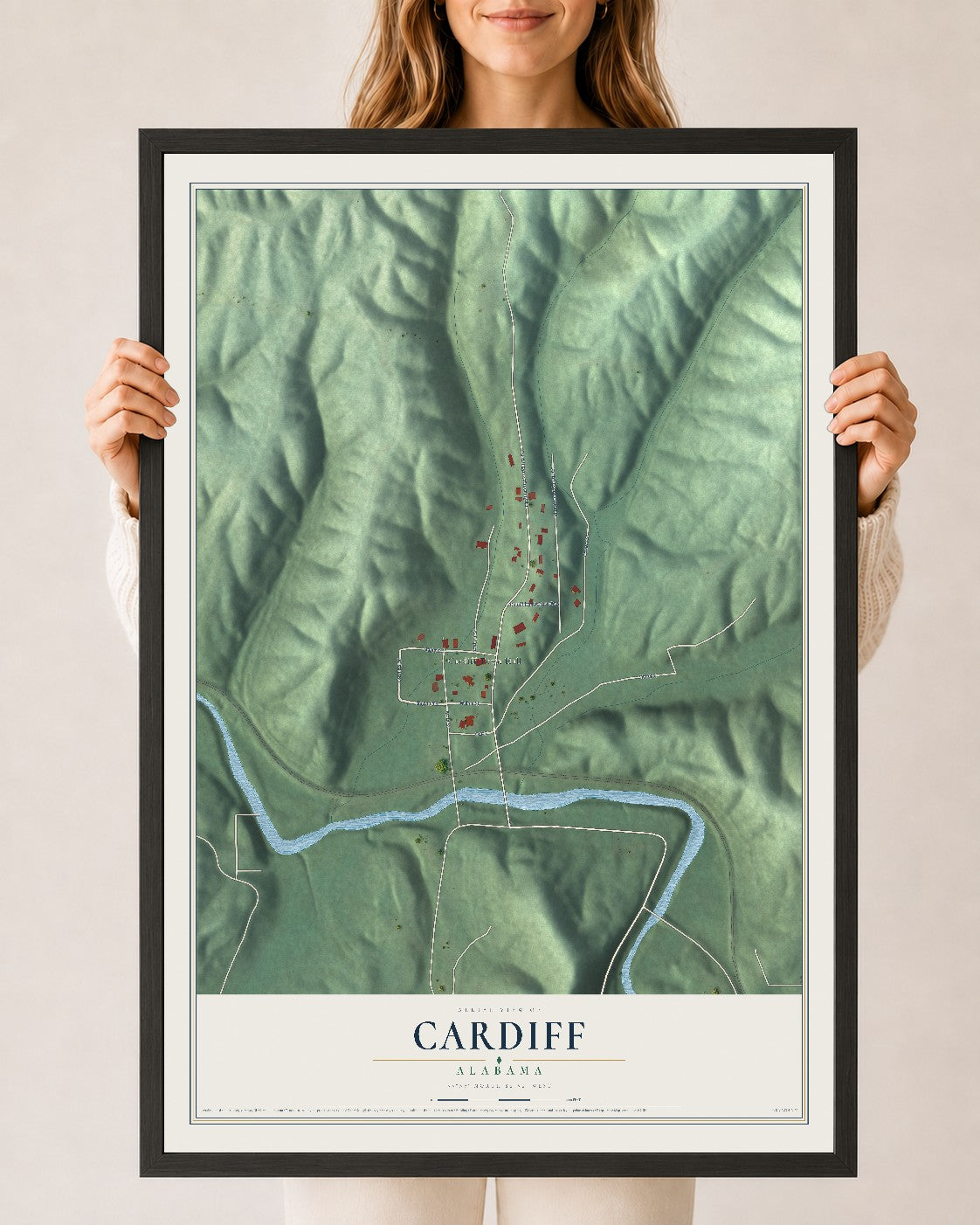 Map of Cardiff, Alabama, 24 x 36 inch print in a black wood frame