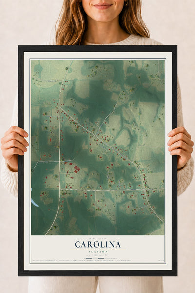 Map of Carolina, Alabama, 18 x 24 inch print in a black wood frame