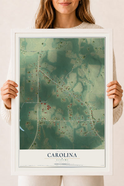 Map of Carolina, Alabama, 18 x 24 inch print in a white wood frame
