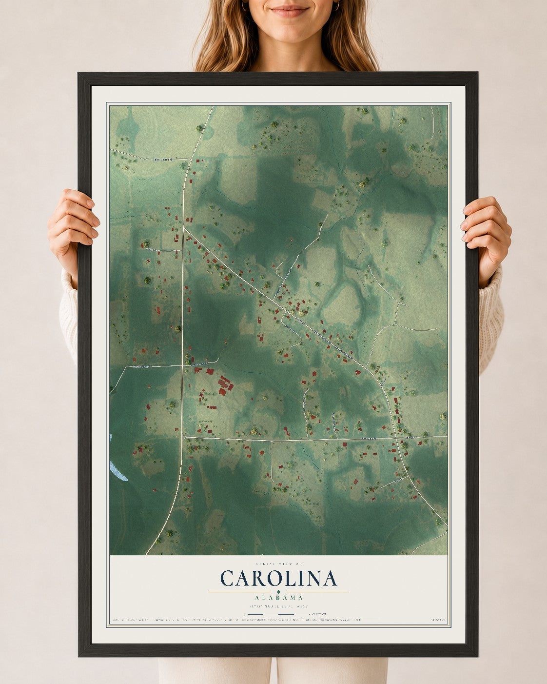 Map of Carolina, Alabama, 24 x 36 inch print in a black wood frame