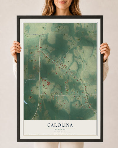 Map of Carolina, Alabama, 24 x 36 inch print in a black wood frame