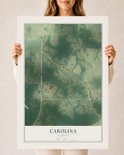 Map of Carolina, Alabama, 24 x 36 inch print in a white wood frame
