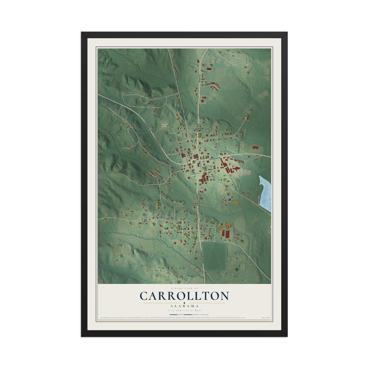 Map of Carrollton, Alabama, 12 x 18 inch print in a black wood frame