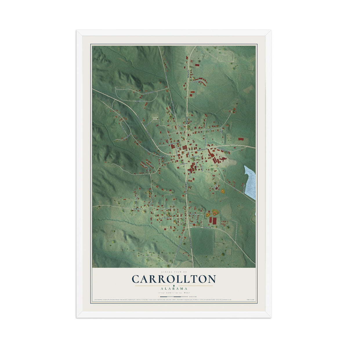 Map of Carrollton, Alabama, 12 x 18 inch print in a white wood frame
