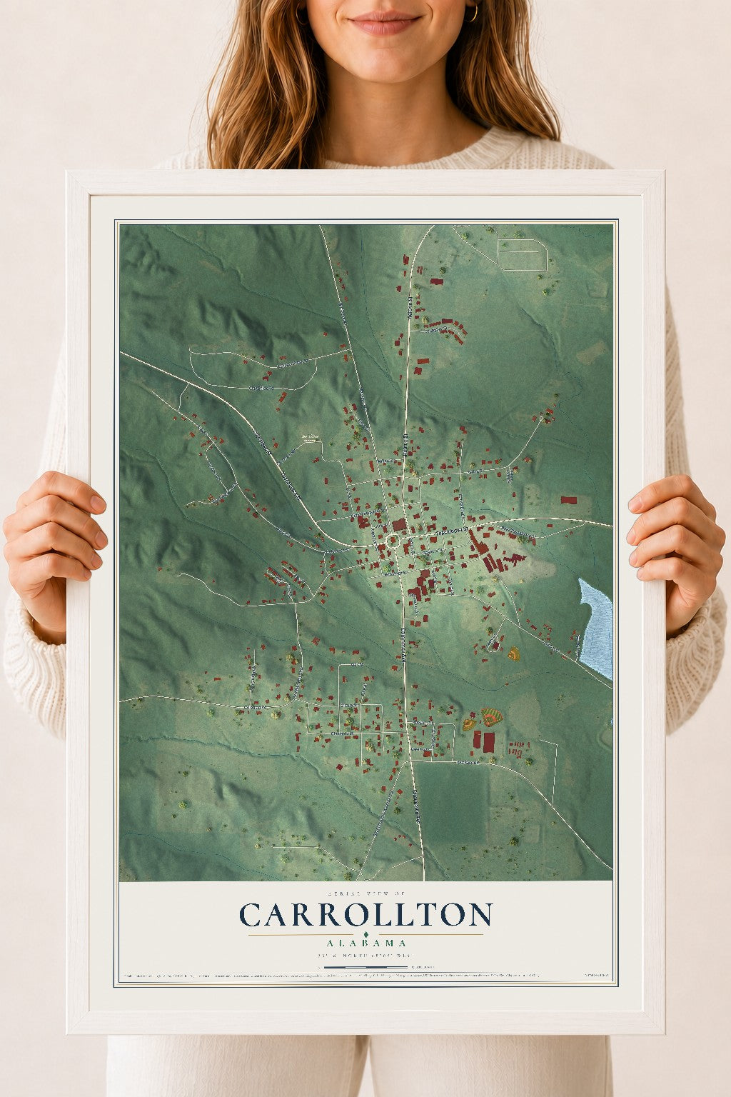 Map of Carrollton, Alabama, 18 x 24 inch print in a white wood frame