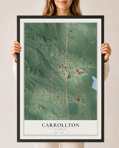 Map of Carrollton, Alabama, 24 x 36 inch print in a black wood frame
