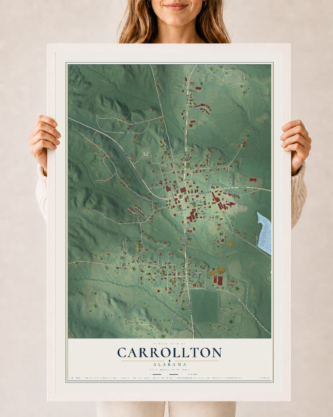 Map of Carrollton, Alabama, 24 x 36 inch print in a white wood frame