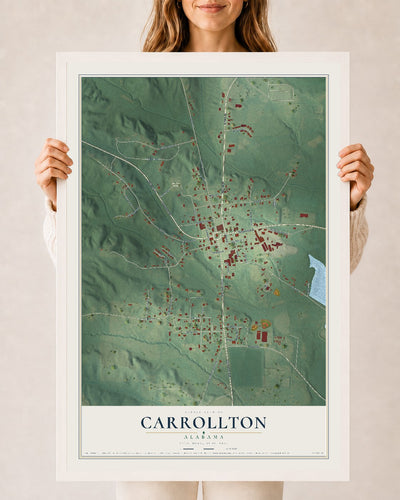 Map of Carrollton, Alabama, 24 x 36 inch print in a white wood frame