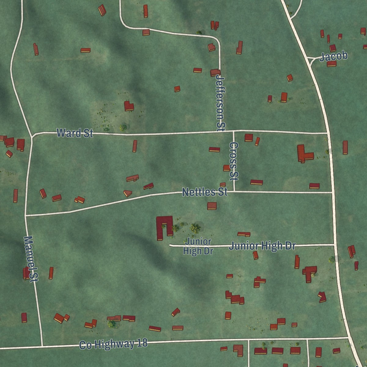 Second close-up of the map of Castleberry, Alabama print showing more streets and buildings