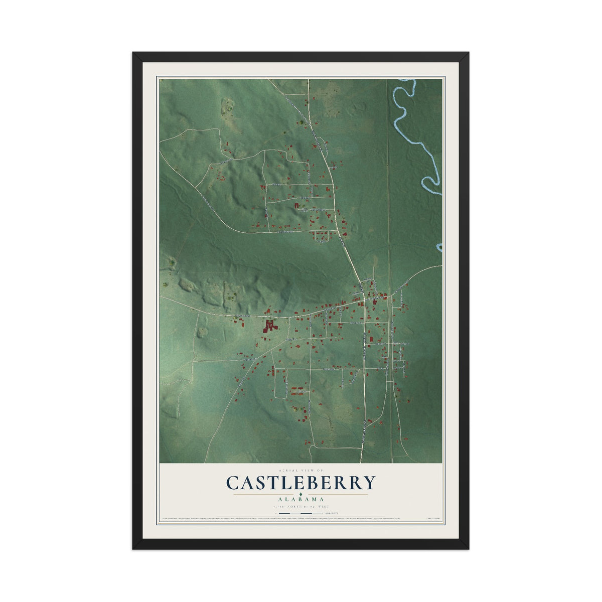 Map of Castleberry, Alabama, 12 x 18 inch print in a black wood frame