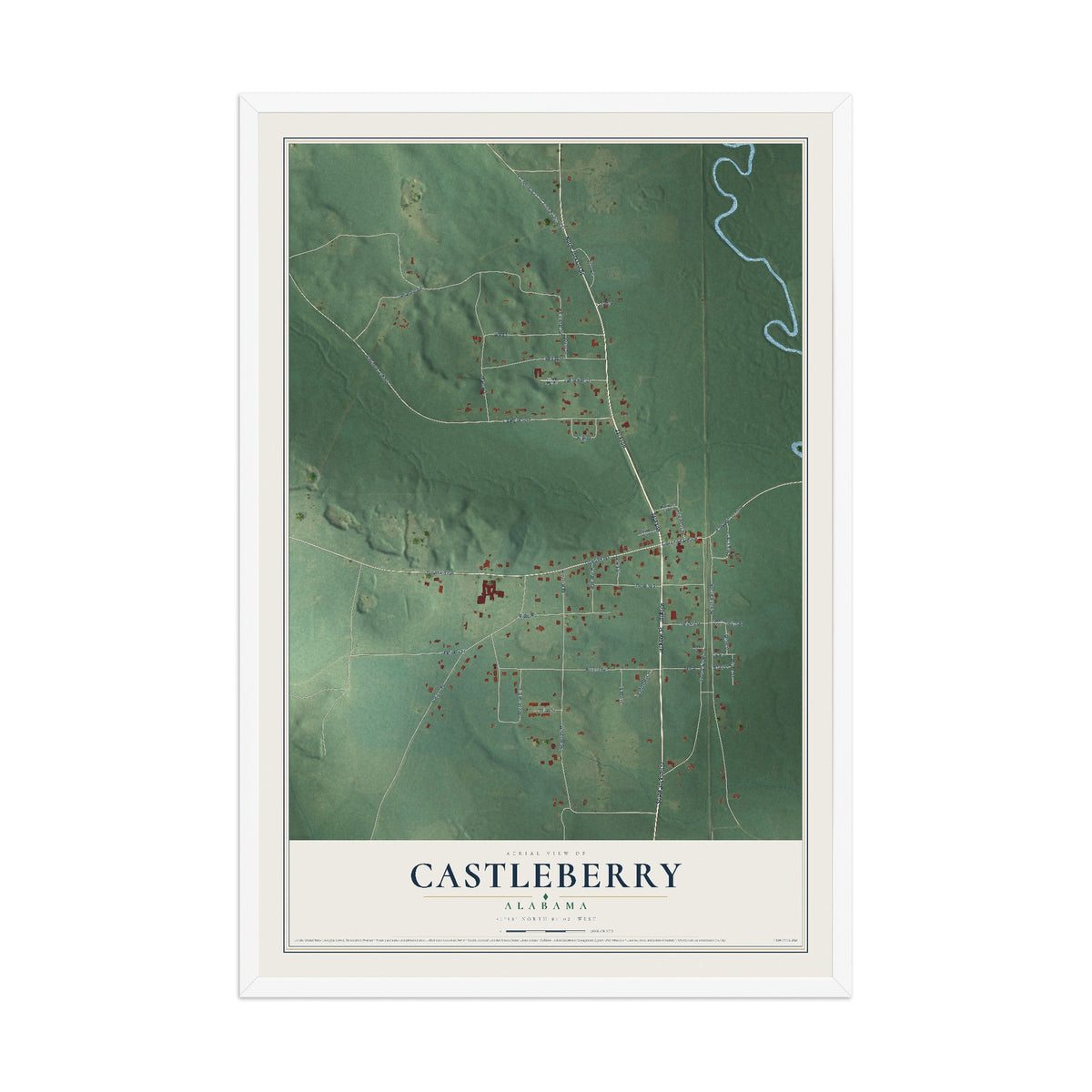 Map of Castleberry, Alabama, 12 x 18 inch print in a white wood frame