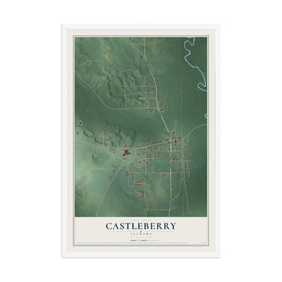 Map of Castleberry, Alabama, 12 x 18 inch print in a white wood frame