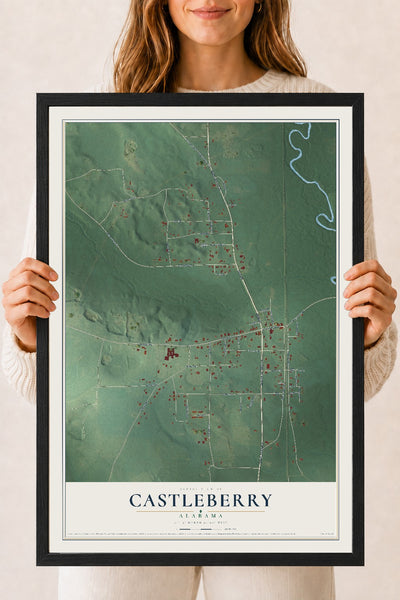 Map of Castleberry, Alabama, 18 x 24 inch print in a black wood frame