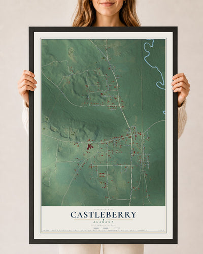 Map of Castleberry, Alabama, 24 x 36 inch print in a black wood frame