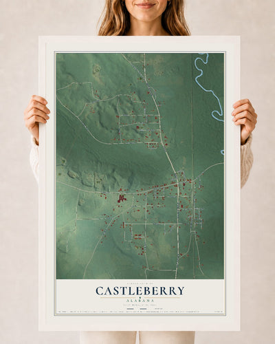 Map of Castleberry, Alabama, 24 x 36 inch print in a white wood frame