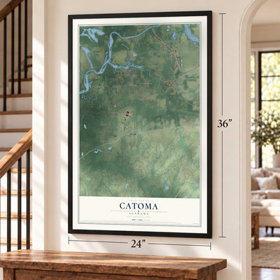 Catoma, Alabama map, 24 x 36 inch print in a black frame by a staircase