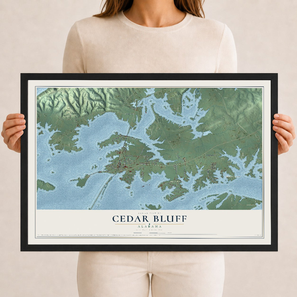 Map of Cedar Bluff, Alabama, 12 x 18 inch print in a black wood frame
