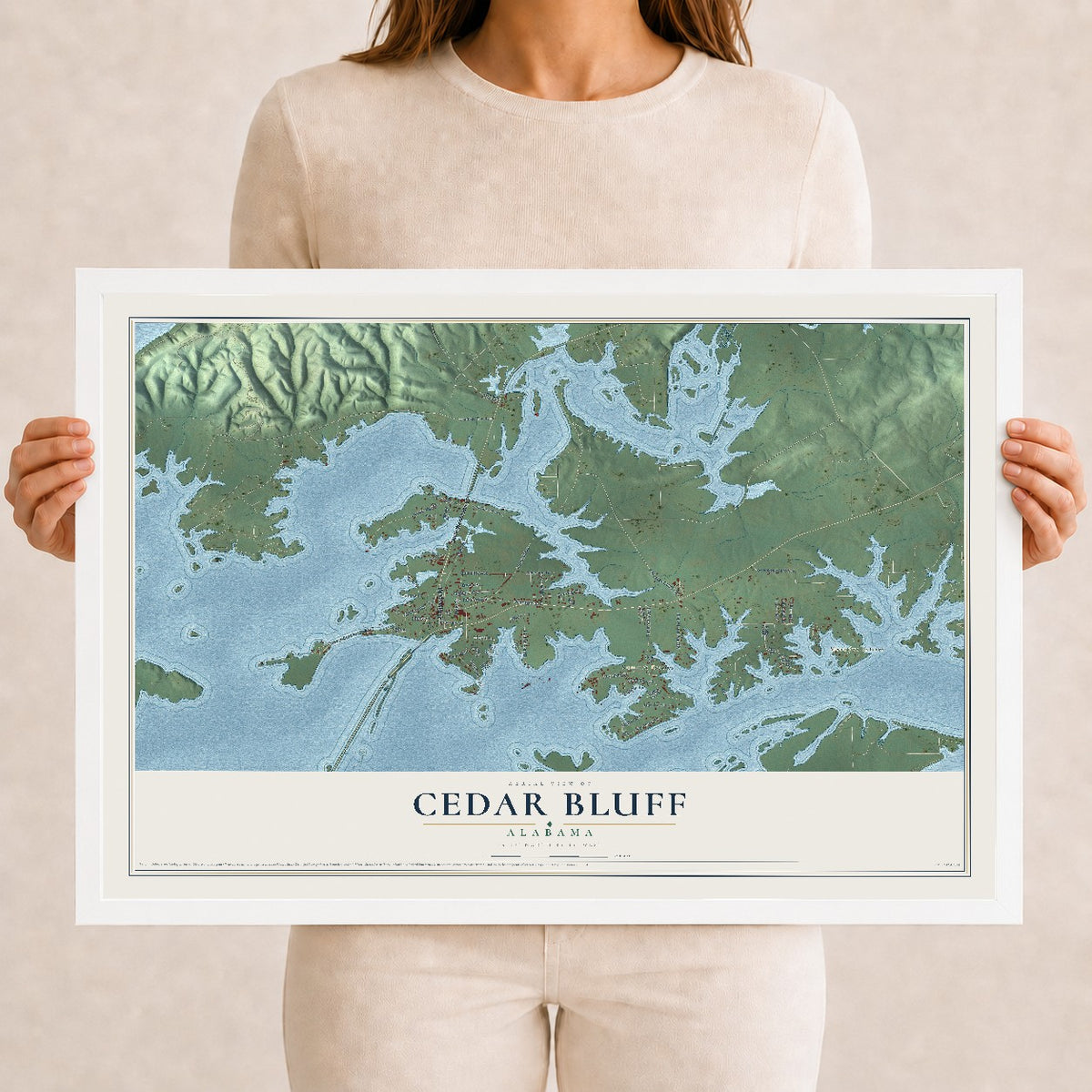 Map of Cedar Bluff, Alabama, 12 x 18 inch print in a white wood frame