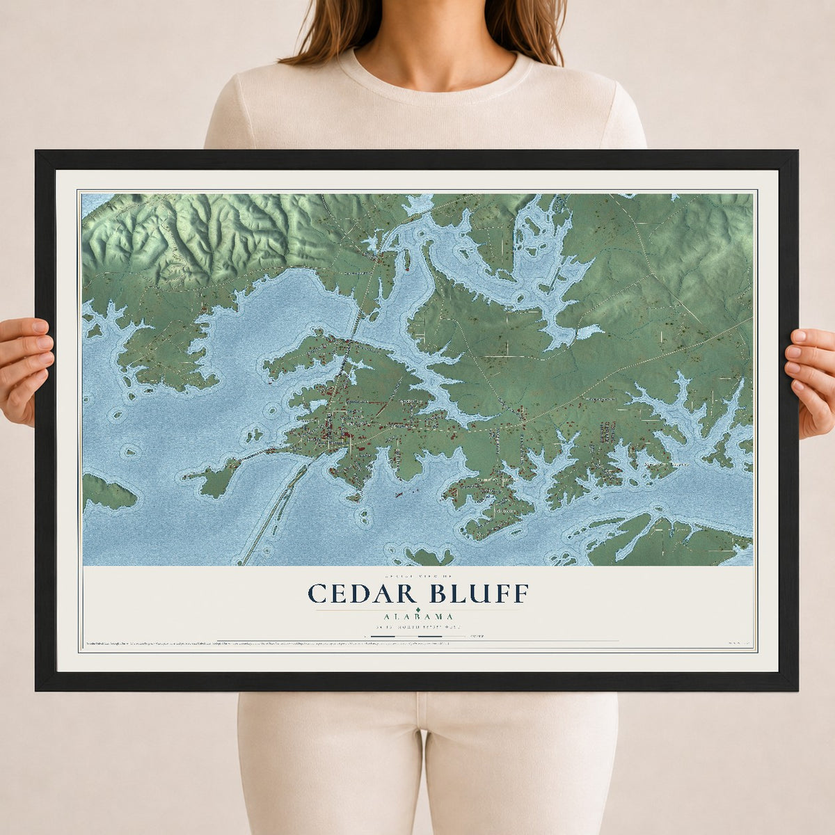 Map of Cedar Bluff, Alabama, 18 x 24 inch print in a black wood frame