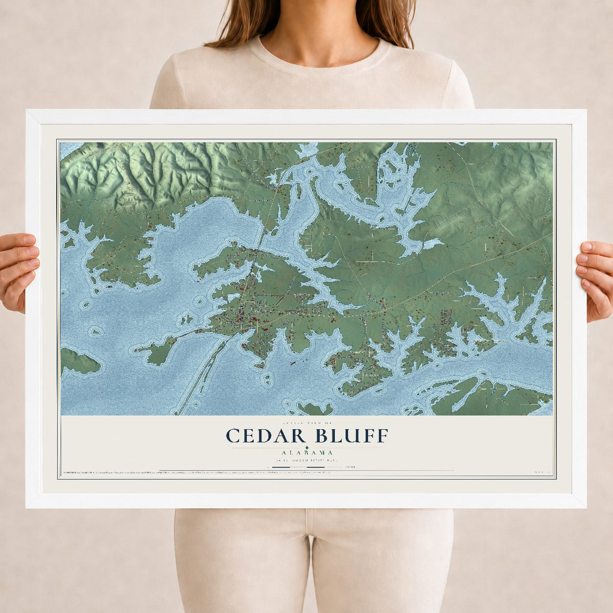 Map of Cedar Bluff, Alabama, 18 x 24 inch print in a white wood frame
